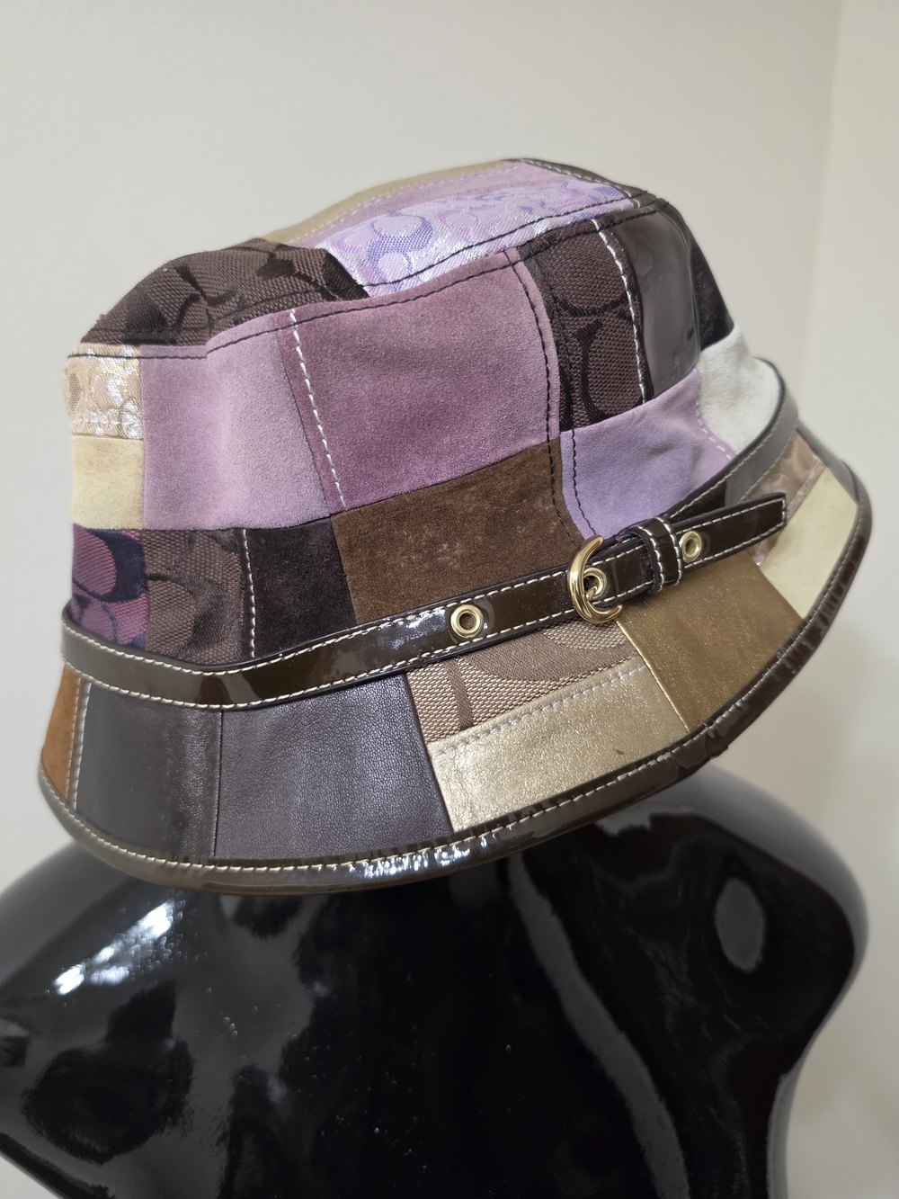 Coach Patchwork Bucket Hat in Purple, Brown, Tan & Gold